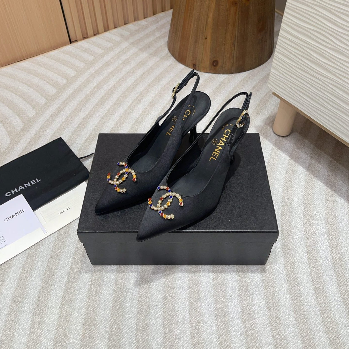 CHANEL HIGH SLINGBACKS BLACK SATIN AND LAMBSKIN