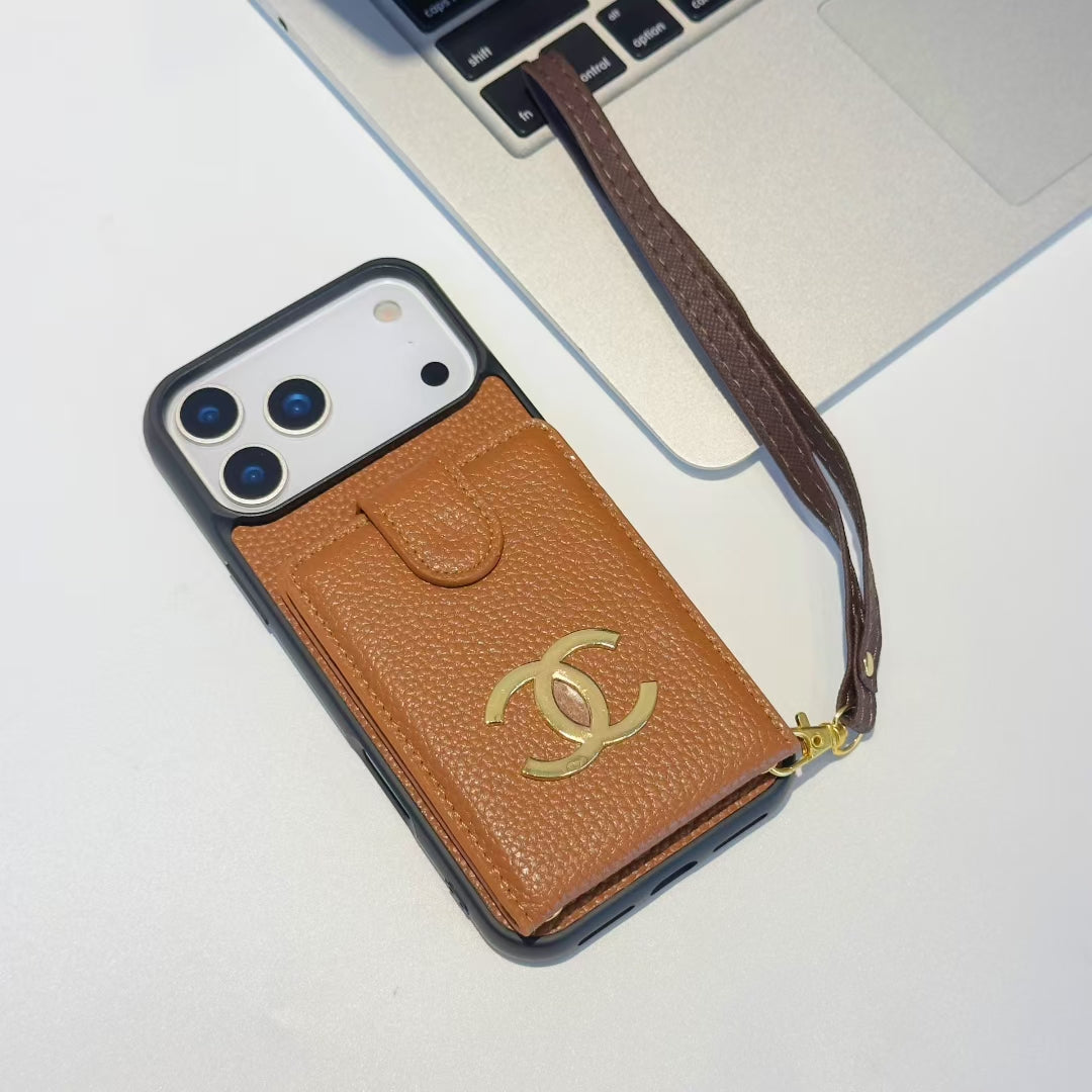 Luxury Leather iPhone Case With Wallet Card And Hand Strap