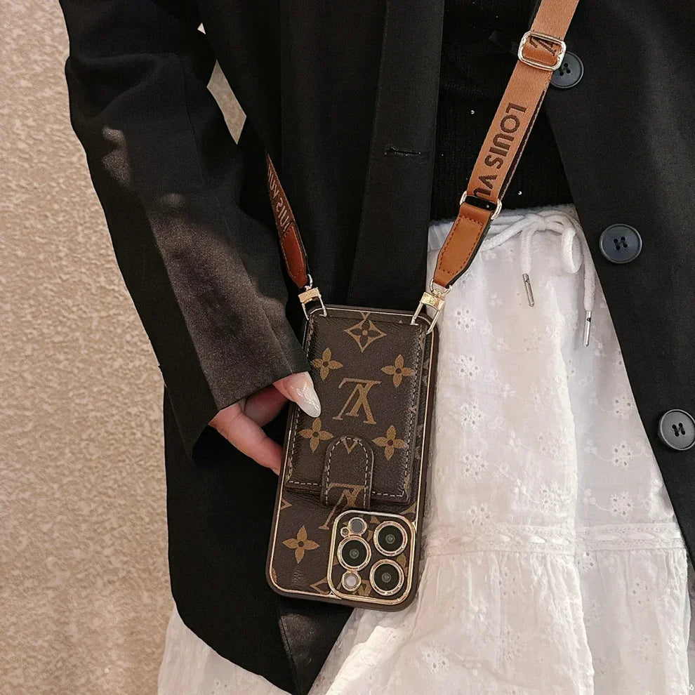 Luxury Monogram Crossbody Wallet Phone Case with Card Pocket Strap