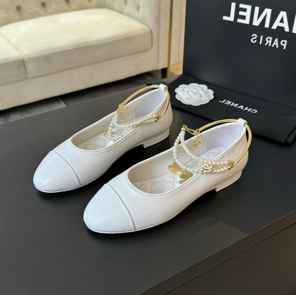 CHANEL Double Strap Chunky Heel Mary Jane Shoes White