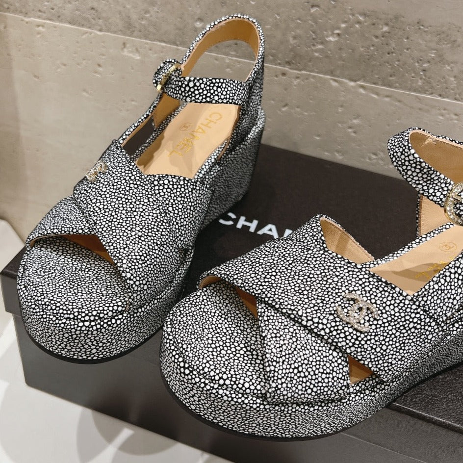 CHANEL Wedge Open-Toe High Heel Sandals Slate Gray Sheepskin