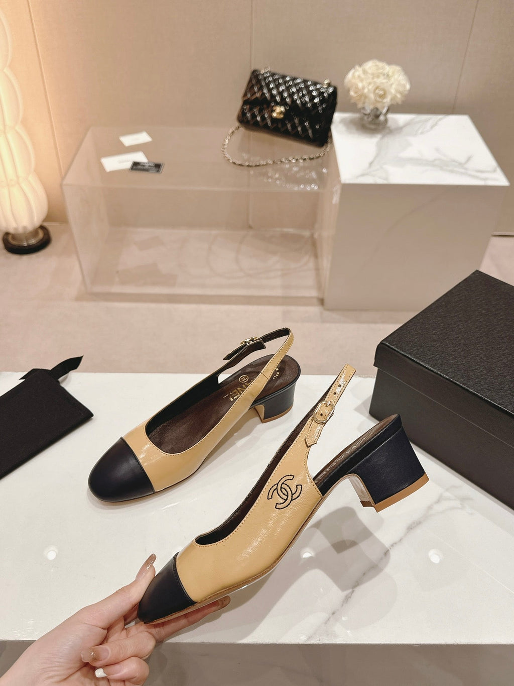 CHANEL SLINGBACKS PEANUT BROWN MIX BLACK SHEEPSKIN