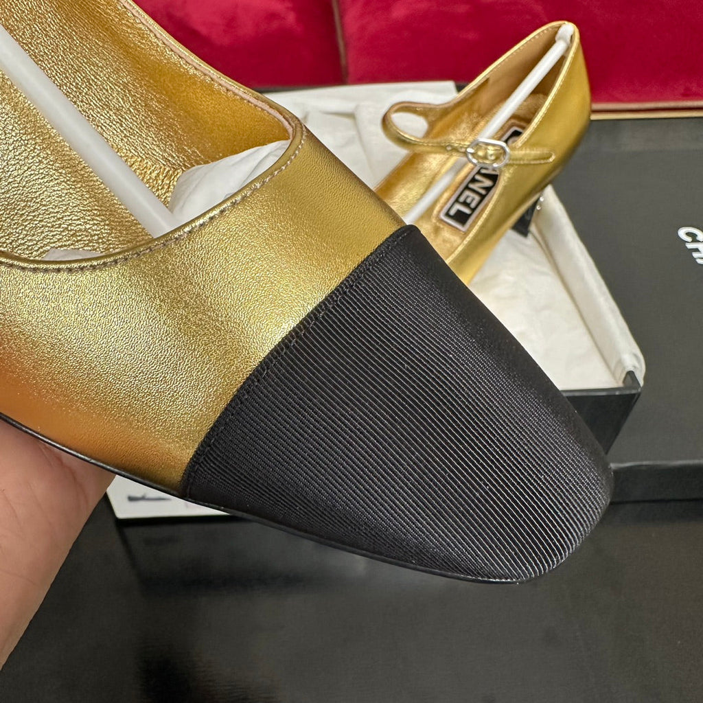 CHANEL HIGH MARY JANE IN GOLDEN CALFSKIN AND BLACK SATIN