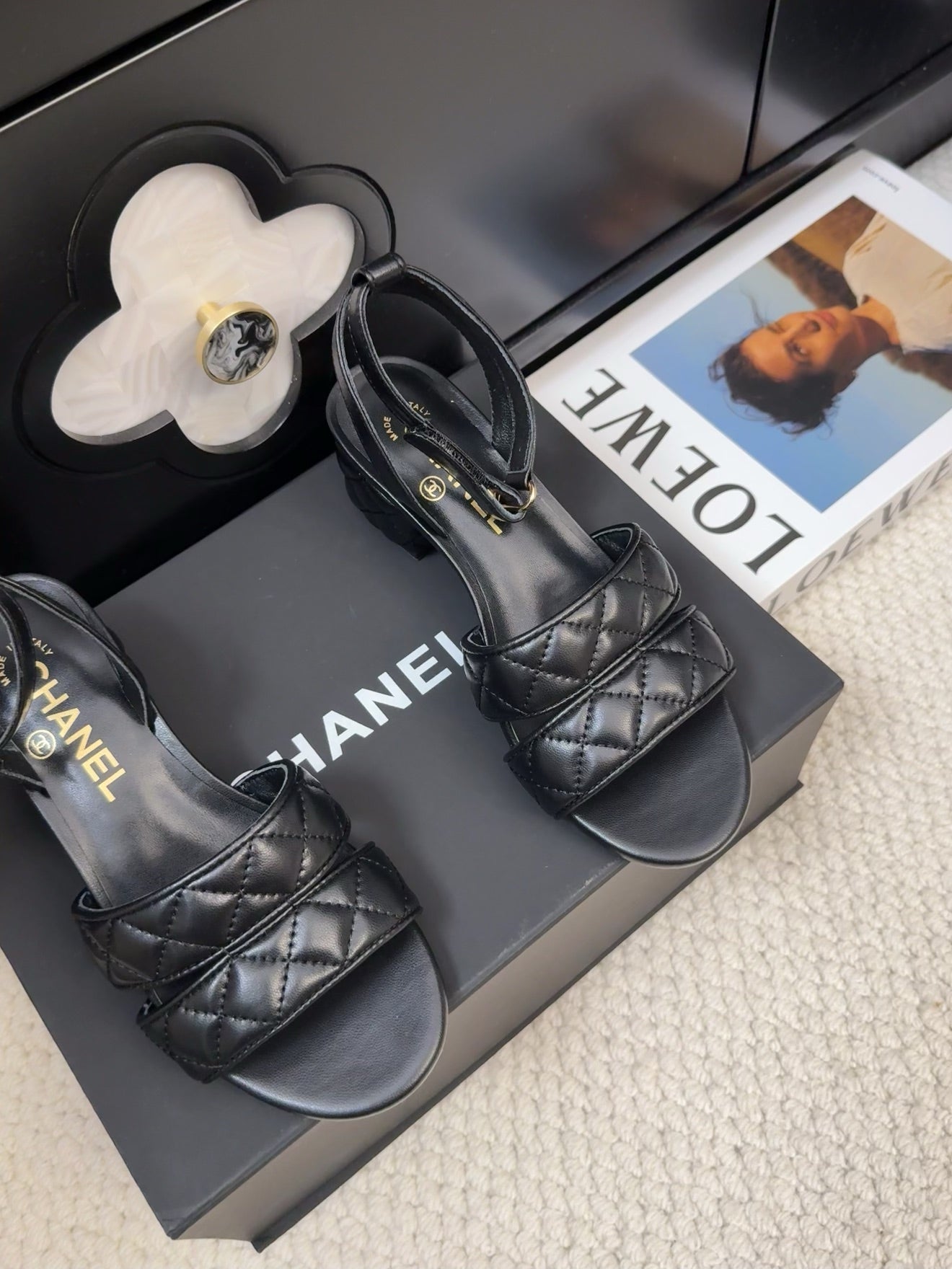 CHANEL 25C Sandal 45mm Open Heel Black Lambskin 233491