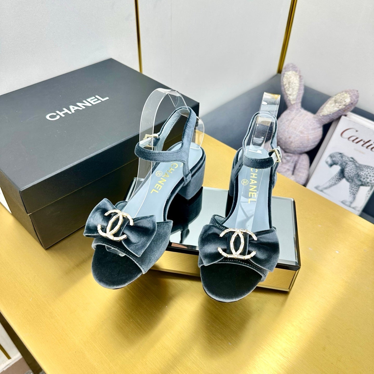 CHANEL BOWKNOT RHINESTONES MID HEEL SANDAL IN STONE BLUE VELVET